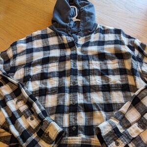 American Eagle Cropped Flannel Hoodie Black & White w/Gray Hood Women's X-Large